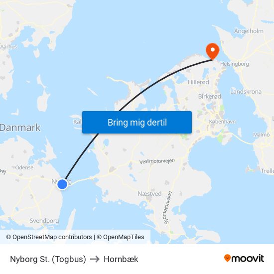 Nyborg St. (Togbus) to Hornbæk map