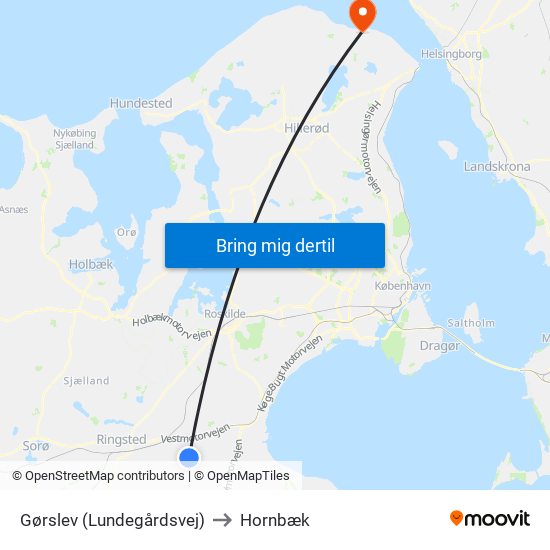 Gørslev (Lundegårdsvej) to Hornbæk map