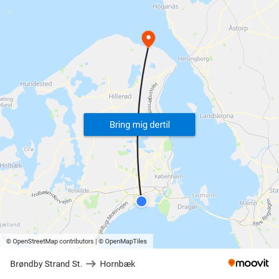 Brøndby Strand St. to Hornbæk map