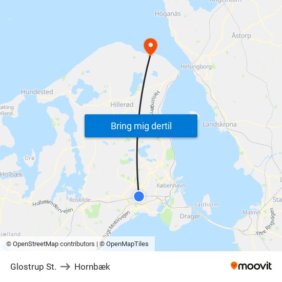 Glostrup St. to Hornbæk map