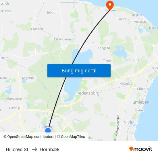 Hillerød St. to Hornbæk map