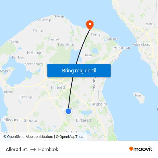 Allerød St. to Hornbæk map