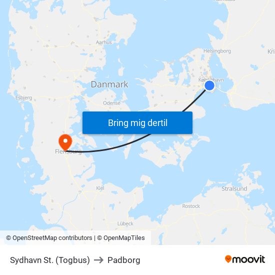 Sydhavn St. (Togbus) to Padborg map