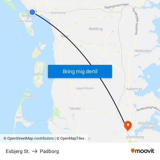 Esbjerg St. to Padborg map