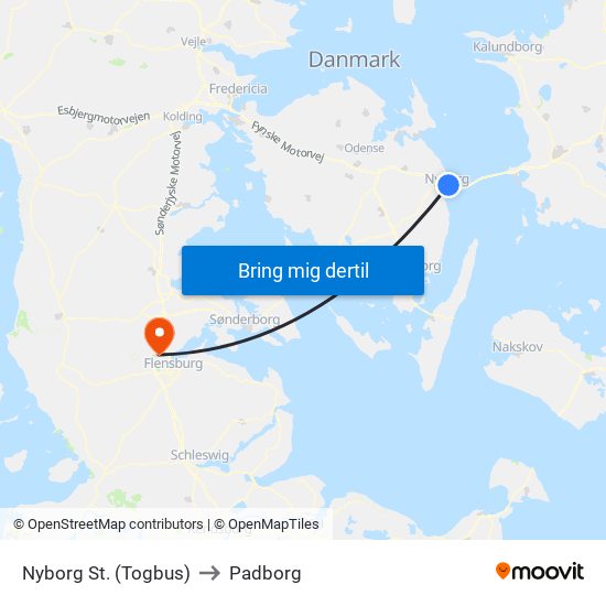Nyborg St. (Togbus) to Padborg map