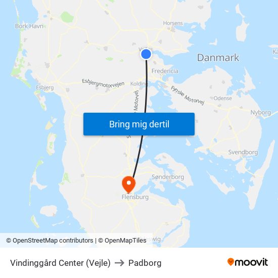 Vindinggård Center (Vejle) to Padborg map