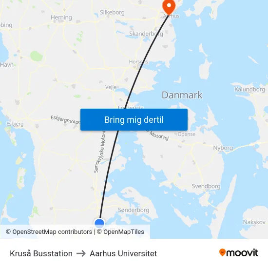 Kruså Busstation to Aarhus Universitet map