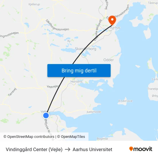 Vindinggård Center (Vejle) to Aarhus Universitet map