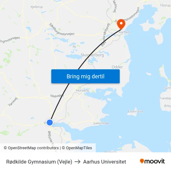 Rødkilde Gymnasium (Vejle) to Aarhus Universitet map