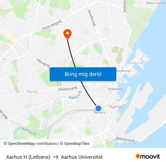 Aarhus H (Letbane) to Aarhus Universitet map