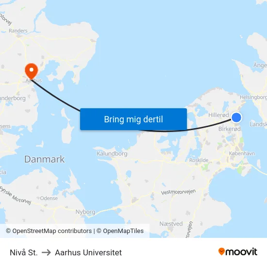 Nivå St. to Aarhus Universitet map
