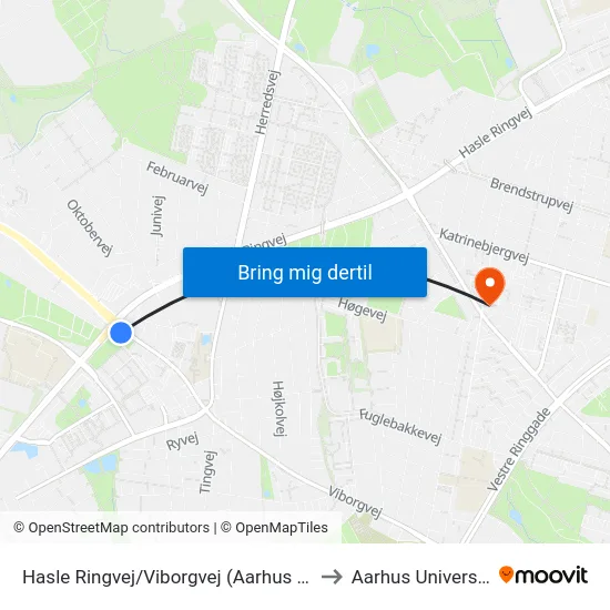 Hasle Ringvej/Viborgvej (Aarhus Kom) to Aarhus Universitet map