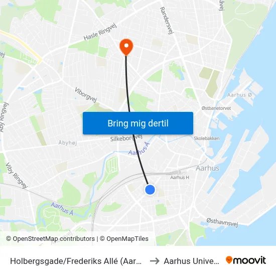 Holbergsgade/Frederiks Allé (Aarhus Kom) to Aarhus Universitet map