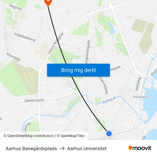 Aarhus Banegårdsplads to Aarhus Universitet map