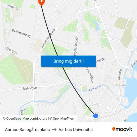 Aarhus Banegårdsplads to Aarhus Universitet map