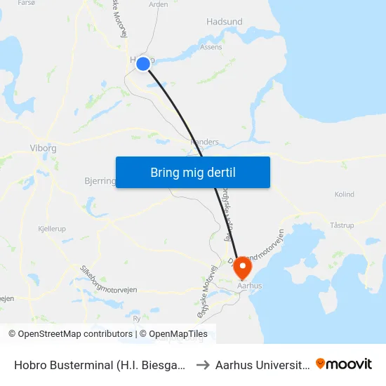 Hobro Busterminal (H.I. Biesgade) to Aarhus Universitet map