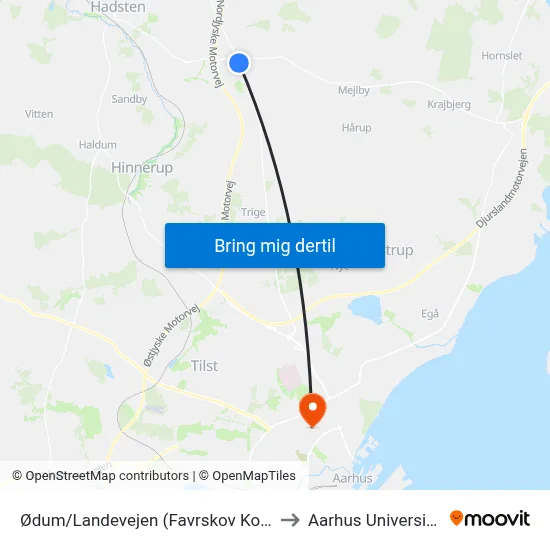 Ødum/Landevejen (Favrskov Kom) to Aarhus Universitet map