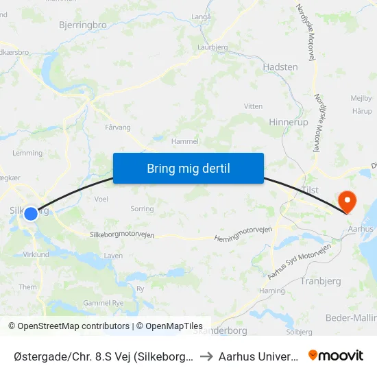 Østergade/Chr. 8.S Vej (Silkeborg Kom) to Aarhus Universitet map