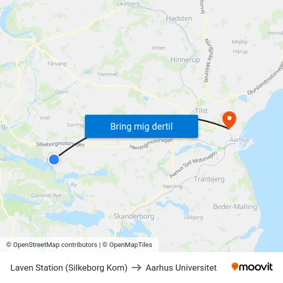 Laven Station (Silkeborg Kom) to Aarhus Universitet map
