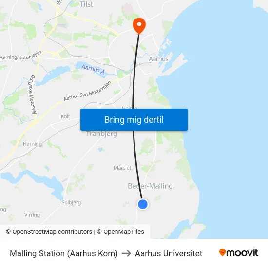 Malling Station  (Aarhus Kom) to Aarhus Universitet map