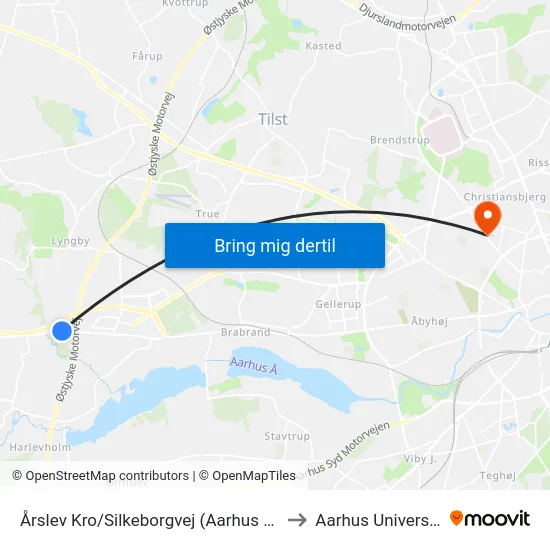 Årslev Kro/Silkeborgvej (Aarhus Kom) to Aarhus Universitet map