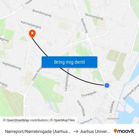 Nørreport/Nørrebrogade (Aarhus Kom) to Aarhus Universitet map