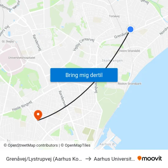 Grenåvej/Lystrupvej (Aarhus Kom) to Aarhus Universitet map