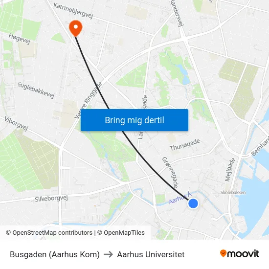 Busgaden (Aarhus Kom) to Aarhus Universitet map