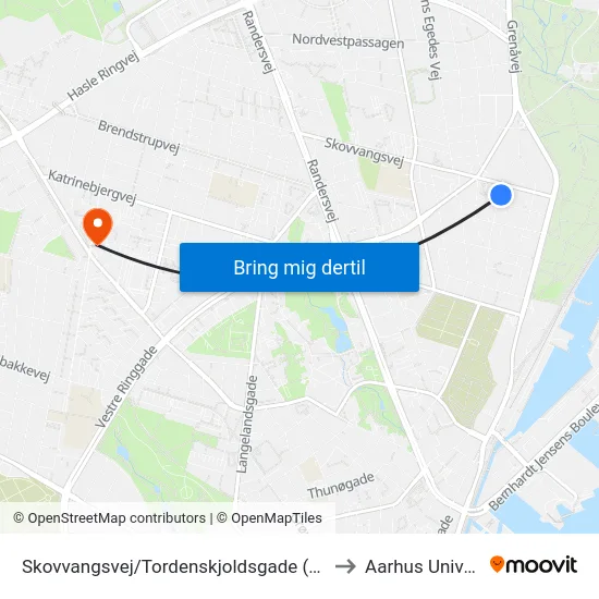 Skovvangsvej/Tordenskjoldsgade (Aarhus Kom) to Aarhus Universitet map