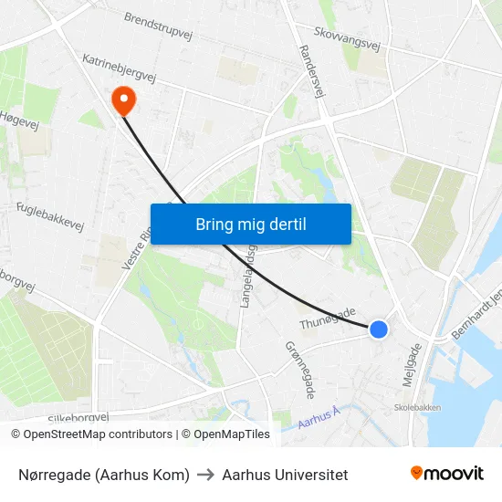 Nørregade (Aarhus Kom) to Aarhus Universitet map