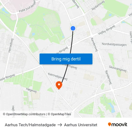Aarhus Tech/Halmstadgade to Aarhus Universitet map
