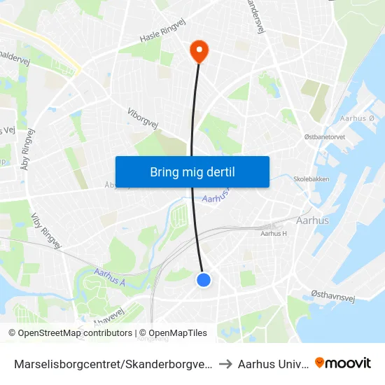 Marselisborgcentret/Skanderborgvej (Aarhus Kom) to Aarhus Universitet map