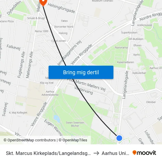 Skt. Marcus Kirkeplads/Langelandsgade (Aarhus Kom) to Aarhus Universitet map
