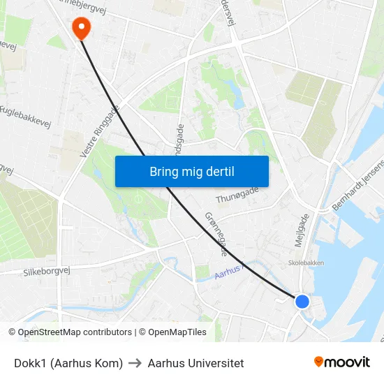 Dokk1 (Aarhus Kom) to Aarhus Universitet map
