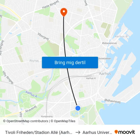 Tivoli Friheden/Stadion Allé (Aarhus Kom) to Aarhus Universitet map