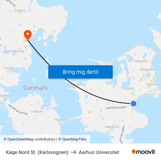 Køge Nord St. (Karlsvognen) to Aarhus Universitet map