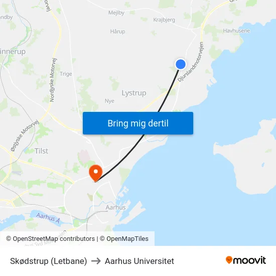 Skødstrup (Letbane) to Aarhus Universitet map