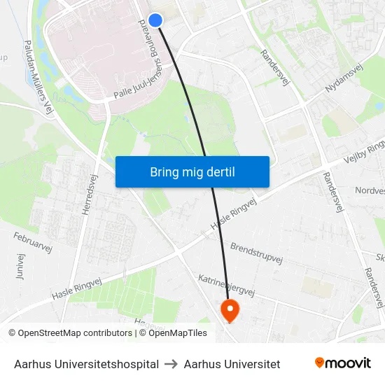 Aarhus Universitetshospital to Aarhus Universitet map