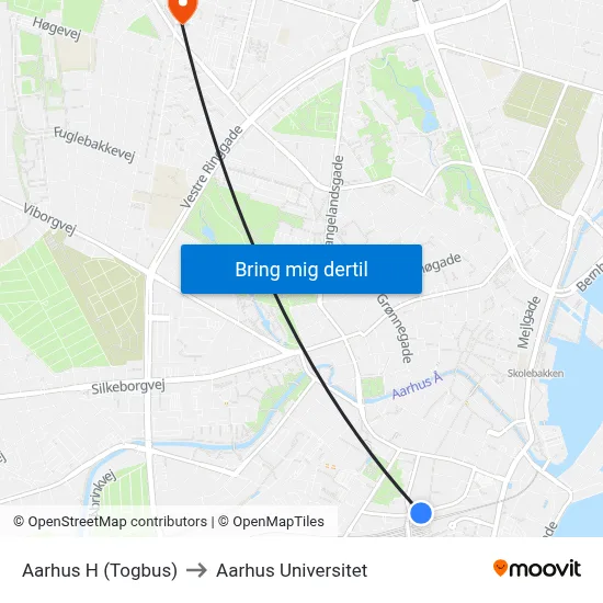 Aarhus H (Togbus) to Aarhus Universitet map