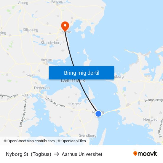 Nyborg St. (Togbus) to Aarhus Universitet map