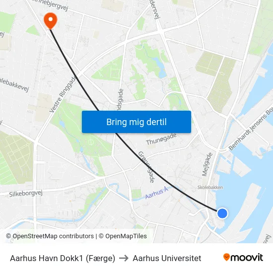 Aarhus Havn Dokk1 (Færge) to Aarhus Universitet map