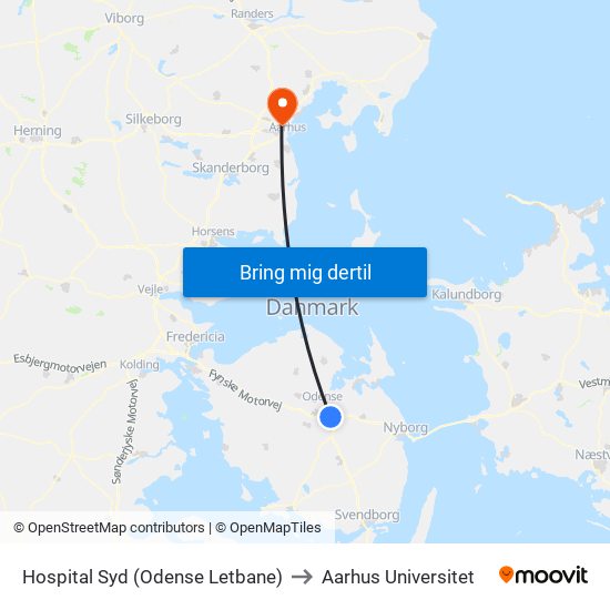 Hospital Syd (Odense Letbane) to Aarhus Universitet map