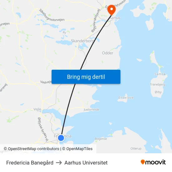 Fredericia Banegård to Aarhus Universitet map