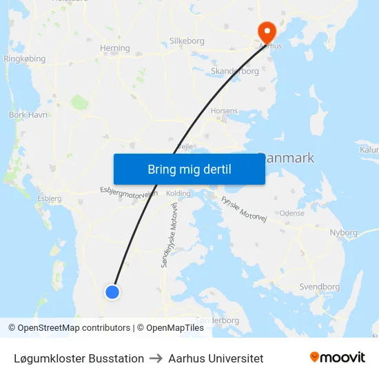 Løgumkloster Busstation to Aarhus Universitet map