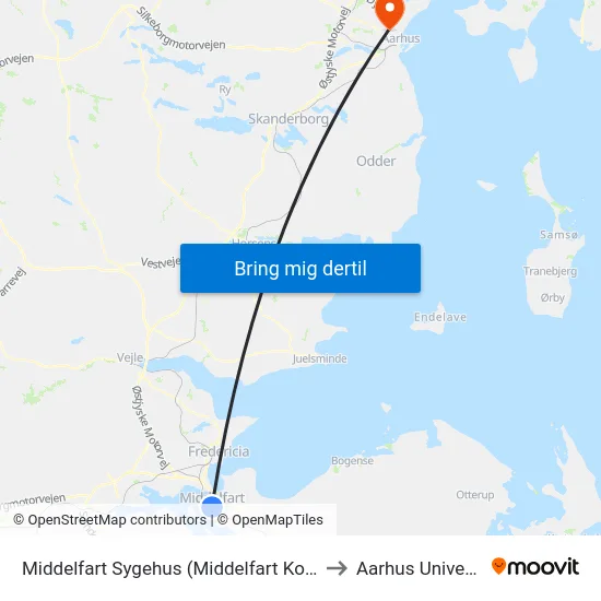 Middelfart Sygehus (Middelfart Kommune) to Aarhus Universitet map