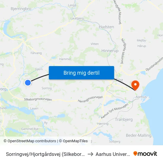 Sorringvej/Hjortgårdsvej (Silkeborg Kom) to Aarhus Universitet map