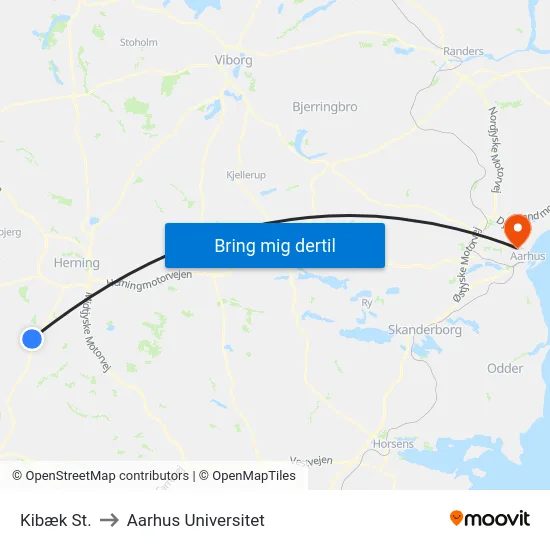 Kibæk St. to Aarhus Universitet map