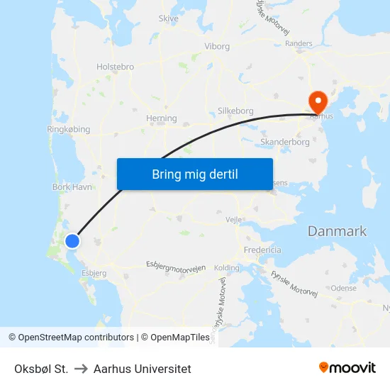 Oksbøl St. to Aarhus Universitet map