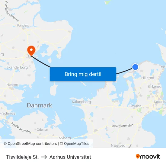 Tisvildeleje St. to Aarhus Universitet map