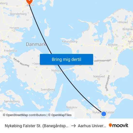 Nykøbing Falster St. (Banegårdspladsen) to Aarhus Universitet map